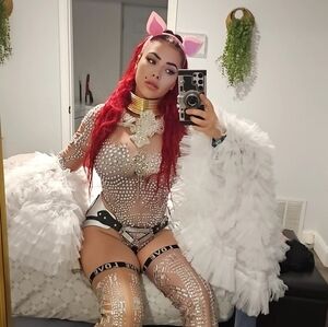Edc music festival outfit pearl leotard +harness belt +puff sleeves +white tail